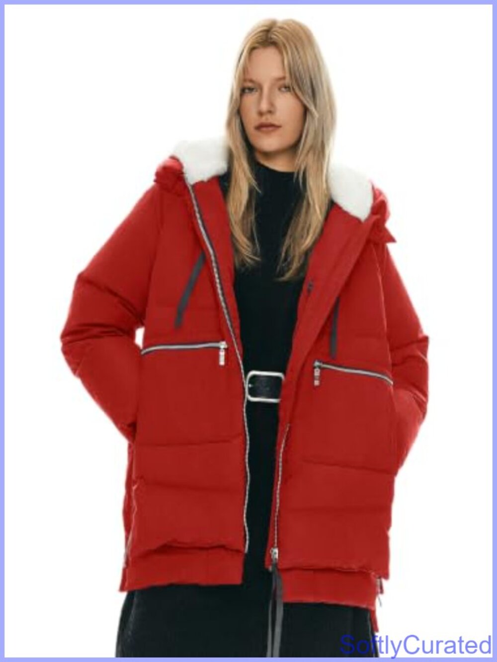 Thickened Down Jacket Warm Fleece Hood Winter Coat 6 Pockets